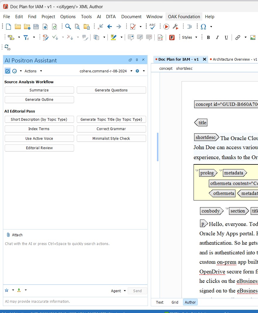 Oxygen XML Editor with AI Positron Assistant panel showing Source Analysis Workflow and AI Editorial Pass prompts alongside structured DITA content