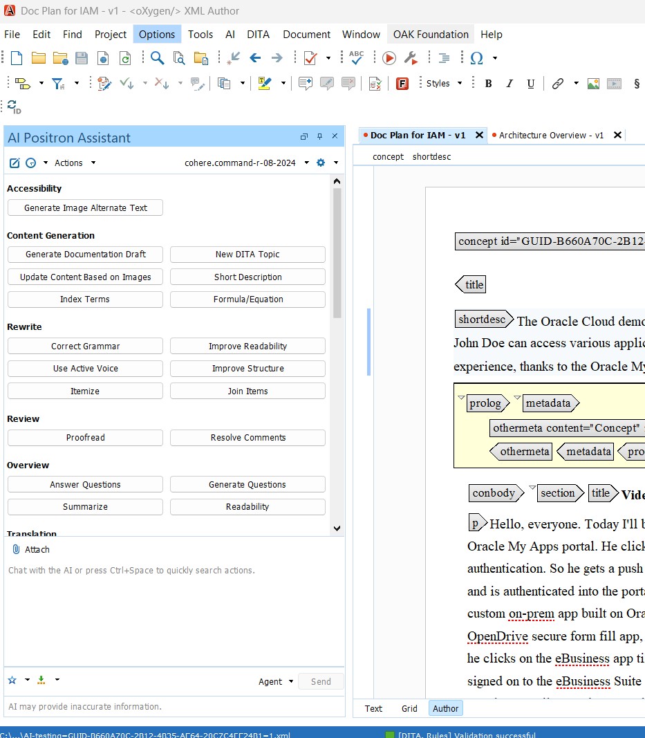 Oxygen XML Editor with Positron Options panel expanded, showing prompt categories including Content Generation, Rewrite, Review, and Translation